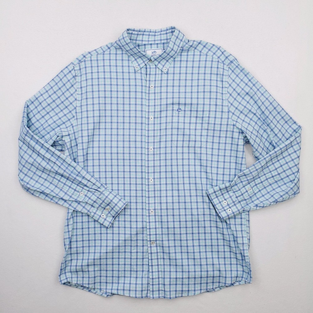 Southern Tide Shirt Mens Large Blue Teal Plaid Button Front Classic Fit Stretch